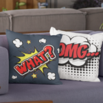 Two pillows in cartoon bubbles 1 says What the other OMG